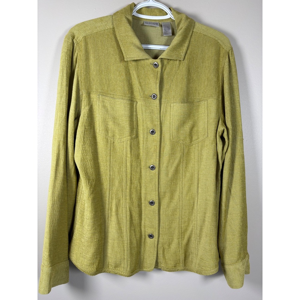 Chicos Womens Silk Blend Ribbed Button Down Shirt Jacket Size 1 Chartreuse Green - Picture 4 of 11
